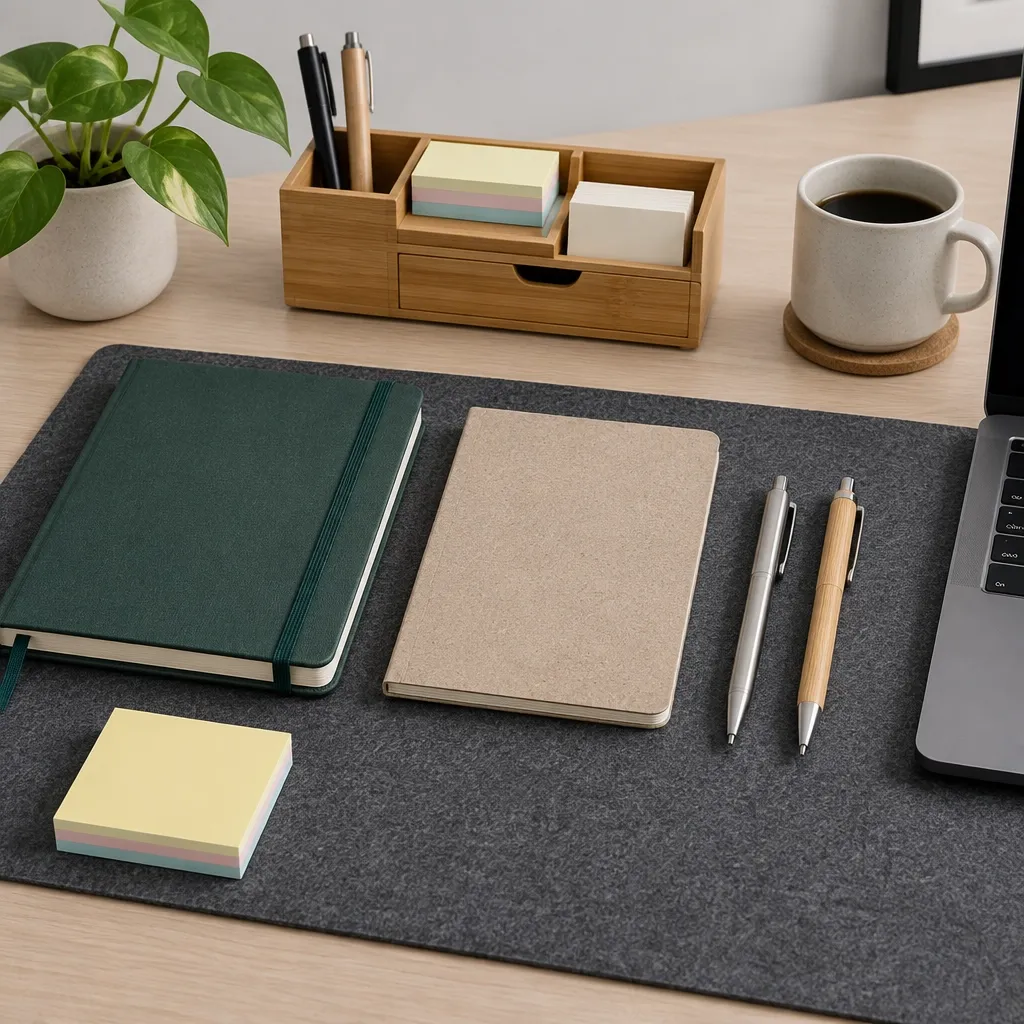 Branded desk accessories and stationery for a workplace campaign
