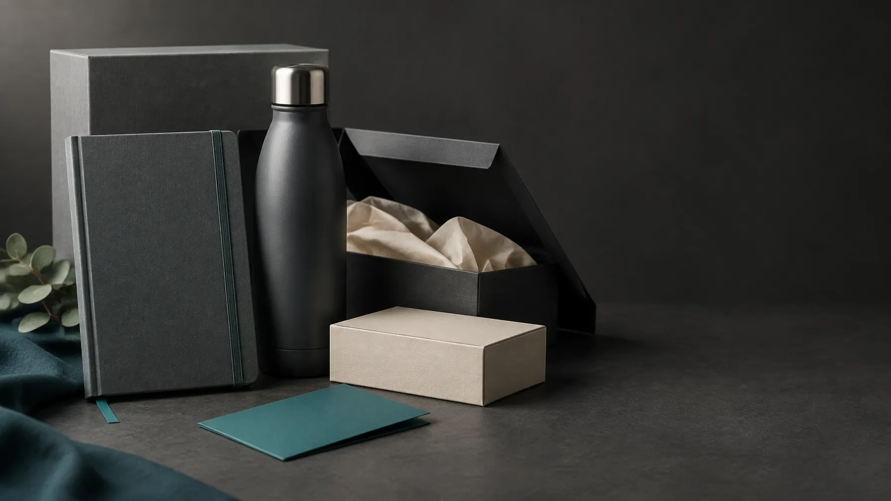 Considered studio arrangement of corporate merchandise — notebook, bottle and presentation packaging — on a dark neutral background
