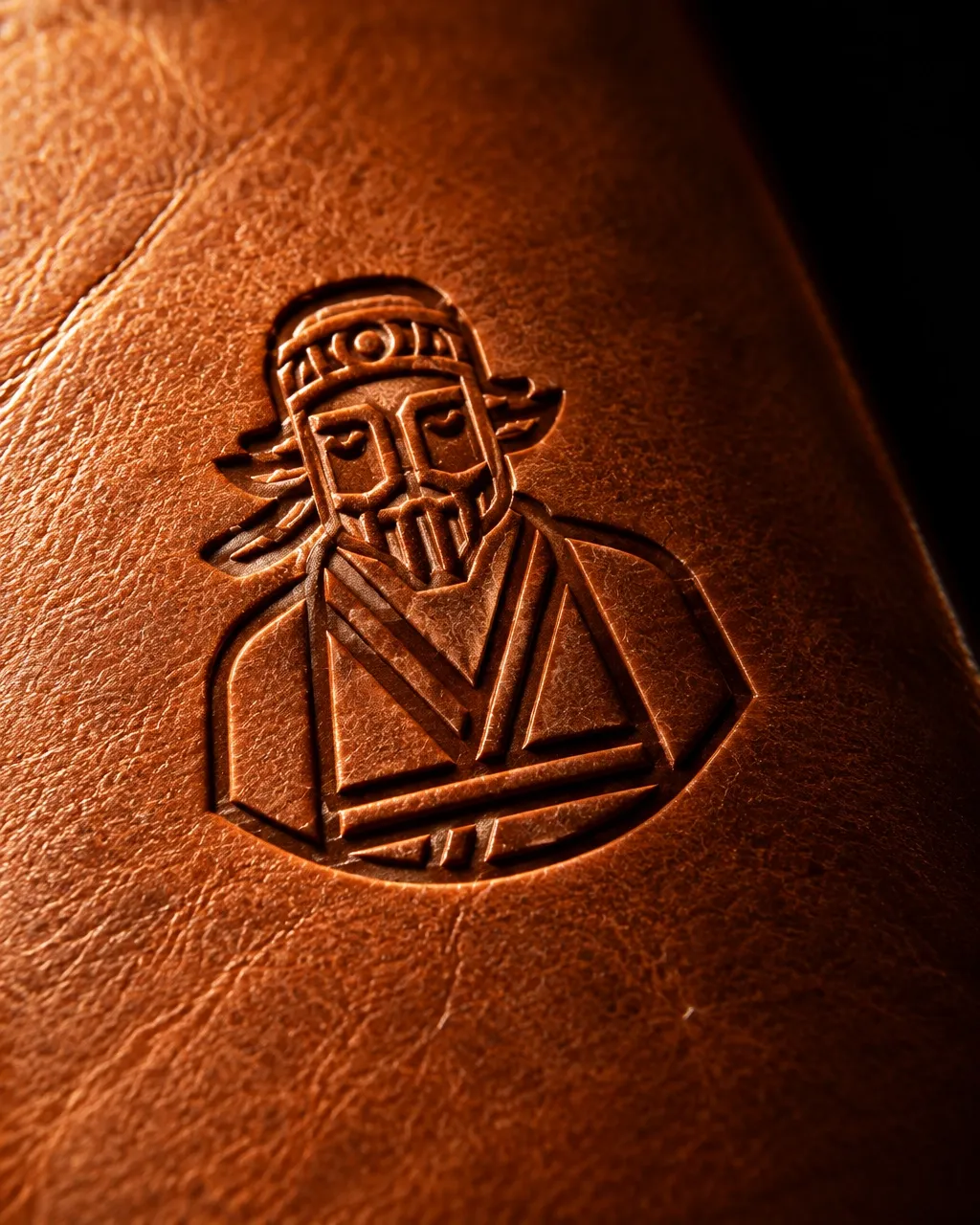Burnt-orange leather cover with the Brand Masters emblem deeply debossed into its surface