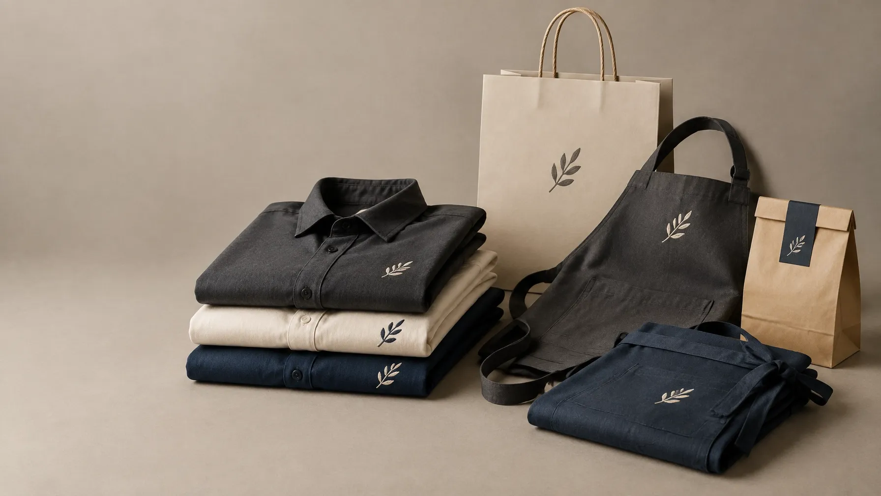 Folded embroidered hospitality staff clothing and branded packaging for restaurant, bar and hotel merchandise