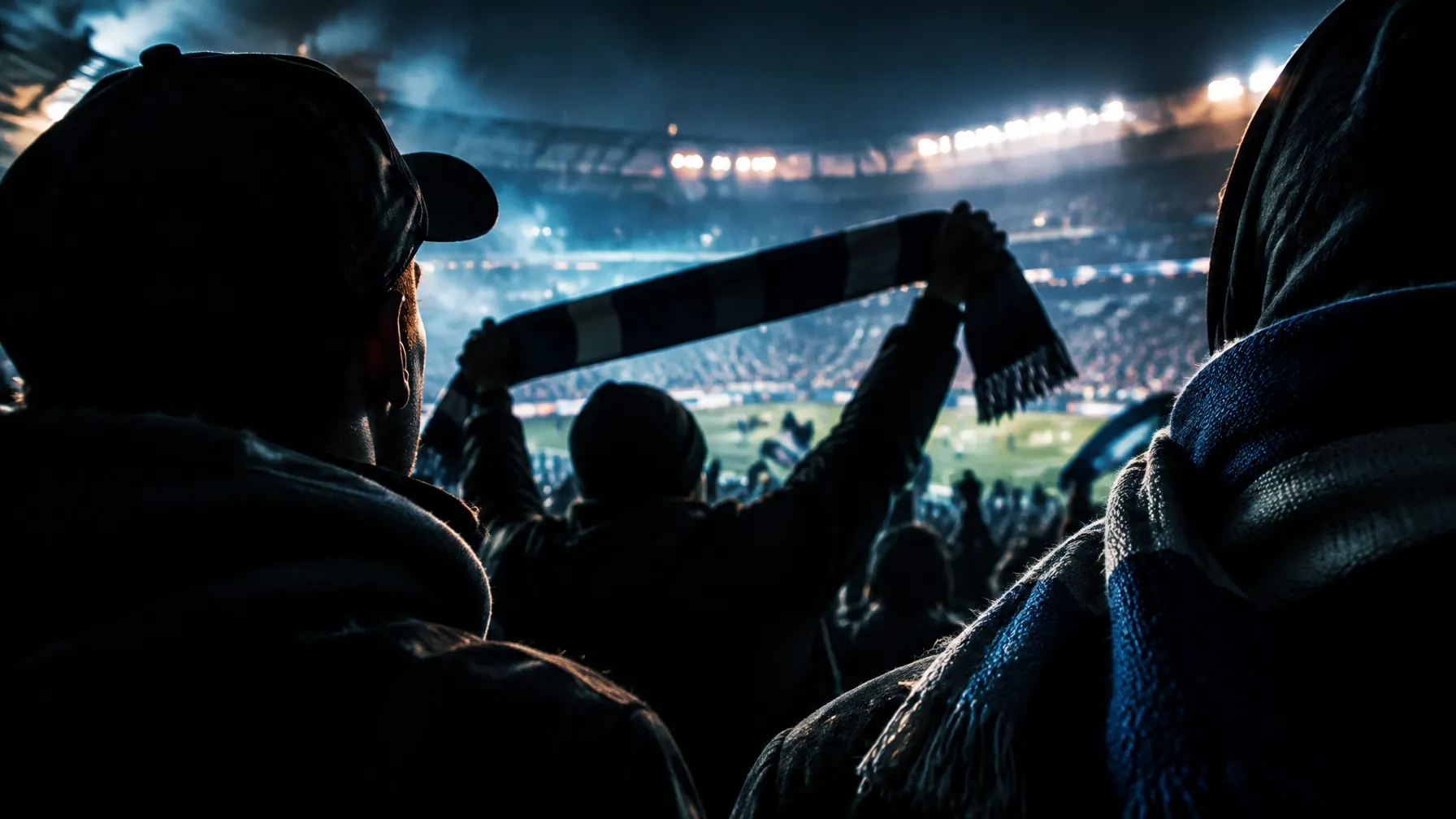 Supporters holding a club scarf in a shadowy stadium on match day for sports merchandise