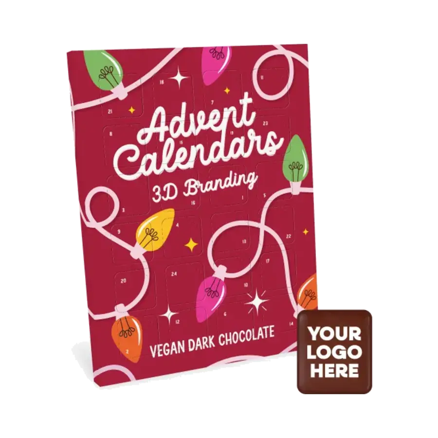 Branded vegan dark chocolate advent calendar product photograph